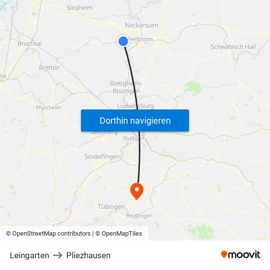 Leingarten to Pliezhausen map