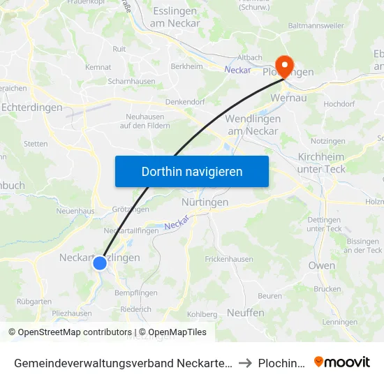 Gemeindeverwaltungsverband Neckartenzlingen to Plochingen map