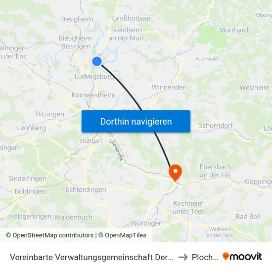 Vereinbarte Verwaltungsgemeinschaft Der Stadt Freiberg am Neckar to Plochingen map