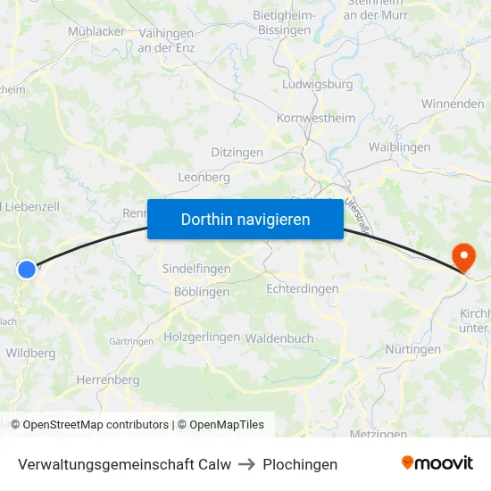 Verwaltungsgemeinschaft Calw to Plochingen map