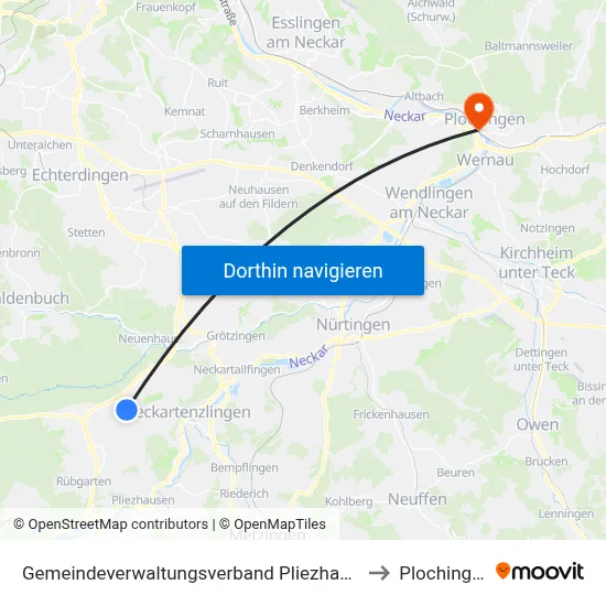 Gemeindeverwaltungsverband Pliezhausen to Plochingen map
