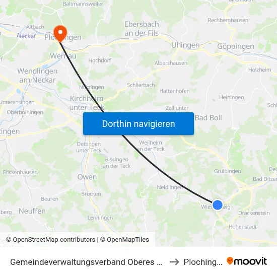 Gemeindeverwaltungsverband Oberes Filstal to Plochingen map