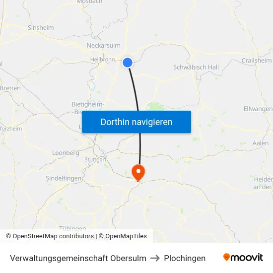 Verwaltungsgemeinschaft Obersulm to Plochingen map