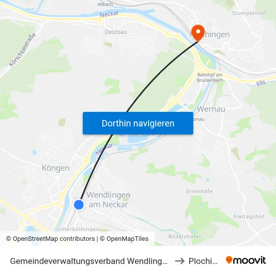 Gemeindeverwaltungsverband Wendlingen am Neckar to Plochingen map