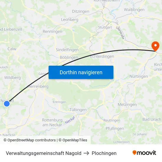 Verwaltungsgemeinschaft Nagold to Plochingen map