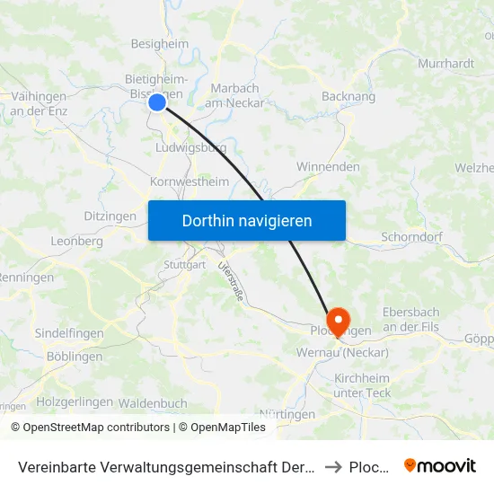 Vereinbarte Verwaltungsgemeinschaft Der Stadt Bietigheim-Bissingen to Plochingen map