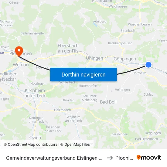 Gemeindeverwaltungsverband Eislingen-Ottenbach-Salach to Plochingen map