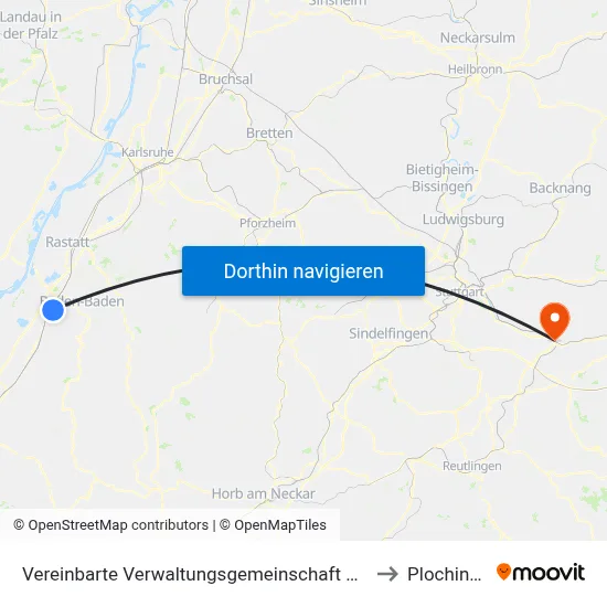 Vereinbarte Verwaltungsgemeinschaft Sinzheim to Plochingen map