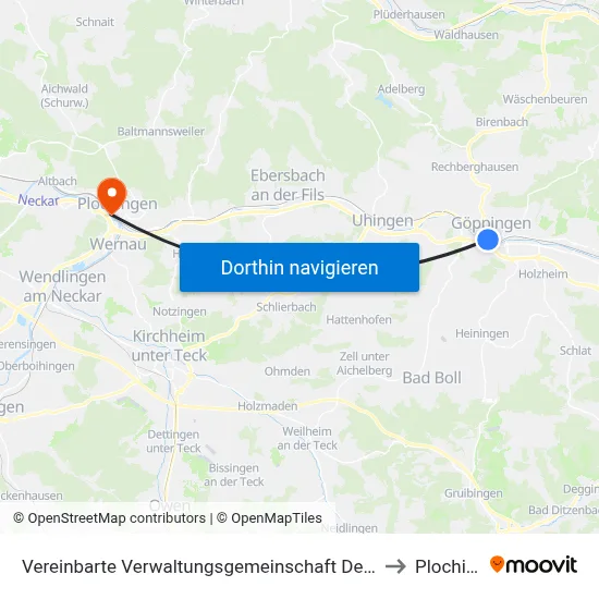 Vereinbarte Verwaltungsgemeinschaft Der Stadt Göppingen to Plochingen map