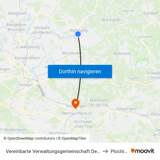 Vereinbarte Verwaltungsgemeinschaft Der Stadt Backnang to Plochingen map
