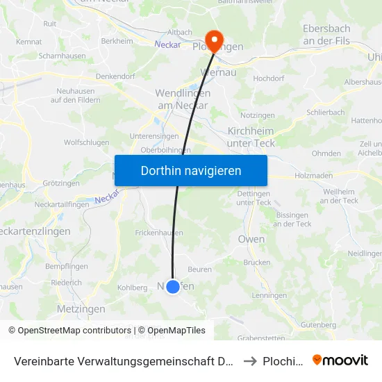 Vereinbarte Verwaltungsgemeinschaft Der Stadt Neuffen to Plochingen map