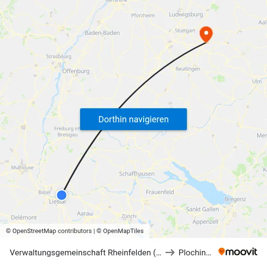 Verwaltungsgemeinschaft Rheinfelden (Baden) to Plochingen map