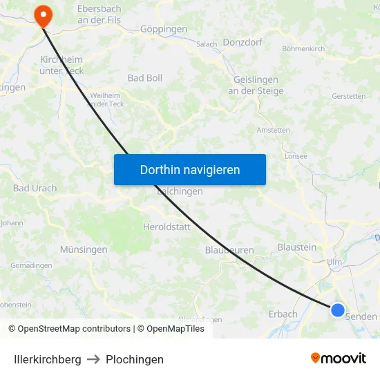Illerkirchberg to Plochingen map