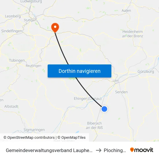 Gemeindeverwaltungsverband Laupheim to Plochingen map