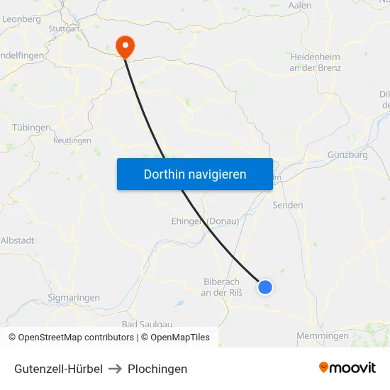 Gutenzell-Hürbel to Plochingen map