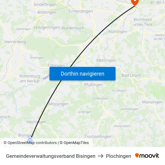 Gemeindeverwaltungsverband Bisingen to Plochingen map