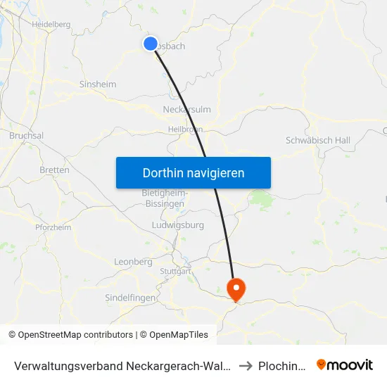 Verwaltungsverband Neckargerach-Waldbrunn to Plochingen map