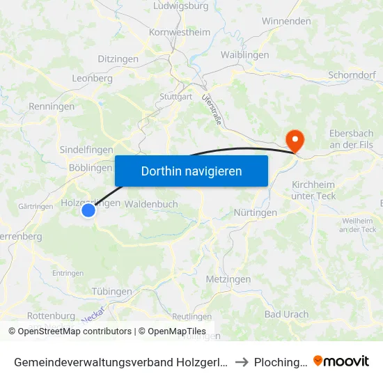 Gemeindeverwaltungsverband Holzgerlingen to Plochingen map