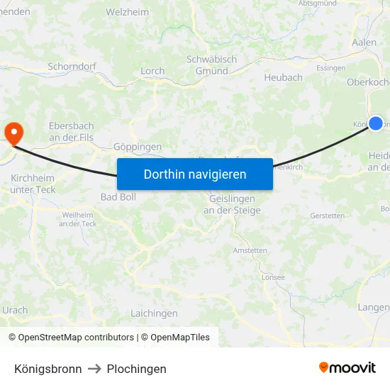 Königsbronn to Plochingen map