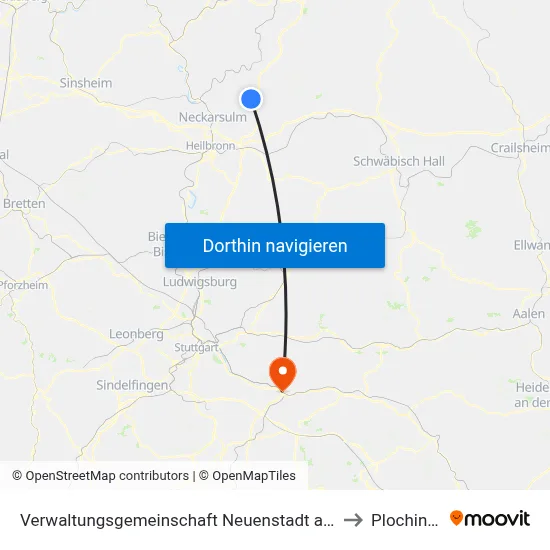 Verwaltungsgemeinschaft Neuenstadt am Kocher to Plochingen map