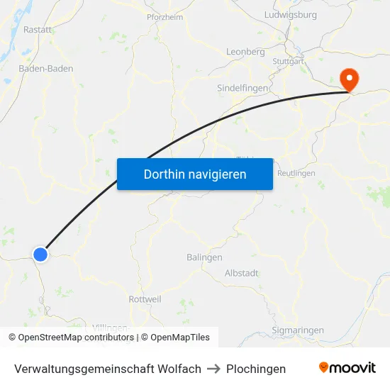 Verwaltungsgemeinschaft Wolfach to Plochingen map