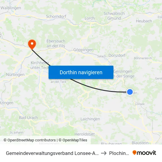 Gemeindeverwaltungsverband Lonsee-Amstetten to Plochingen map