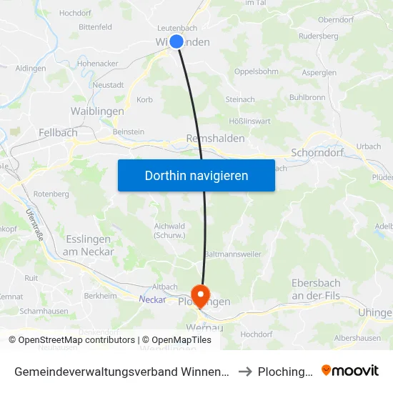 Gemeindeverwaltungsverband Winnenden to Plochingen map