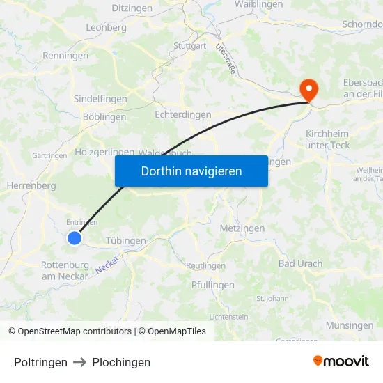 Poltringen to Plochingen map