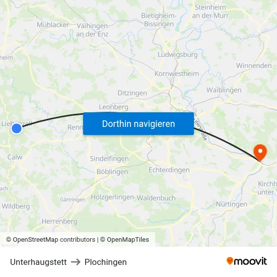 Unterhaugstett to Plochingen map