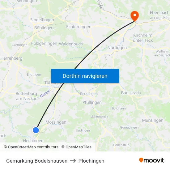 Gemarkung Bodelshausen to Plochingen map