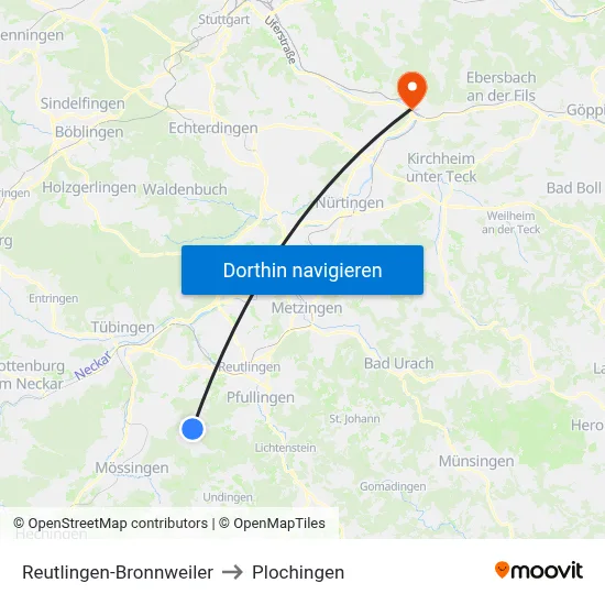 Reutlingen-Bronnweiler to Plochingen map
