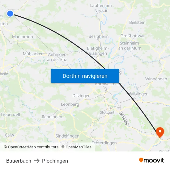 Bauerbach to Plochingen map