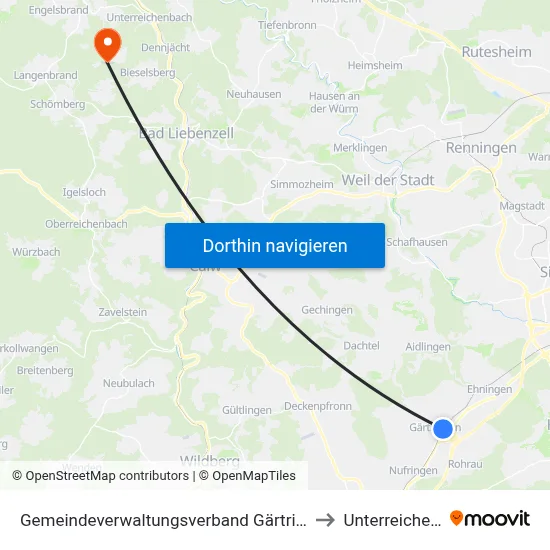 Gemeindeverwaltungsverband Gärtringen/Ehningen to Unterreichenbach map