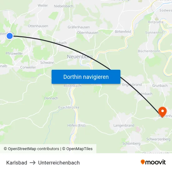 Karlsbad to Unterreichenbach map