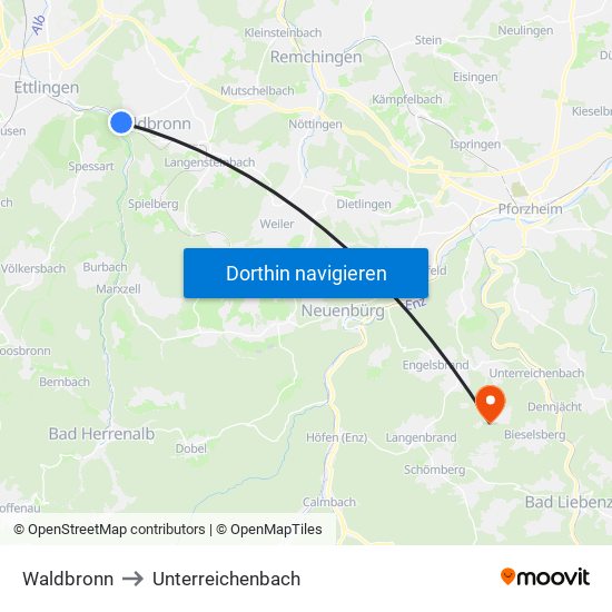 Waldbronn to Unterreichenbach map