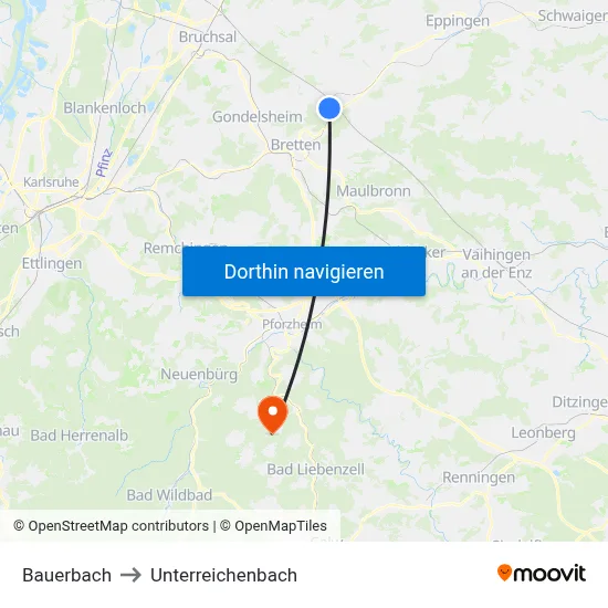 Bauerbach to Unterreichenbach map