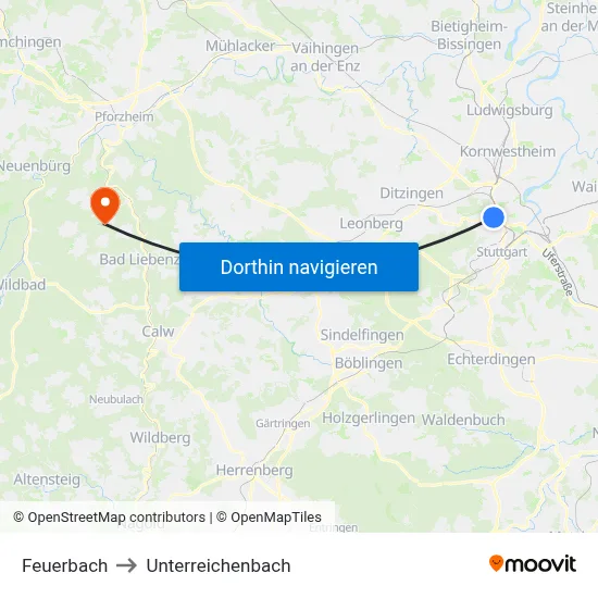 Feuerbach to Unterreichenbach map