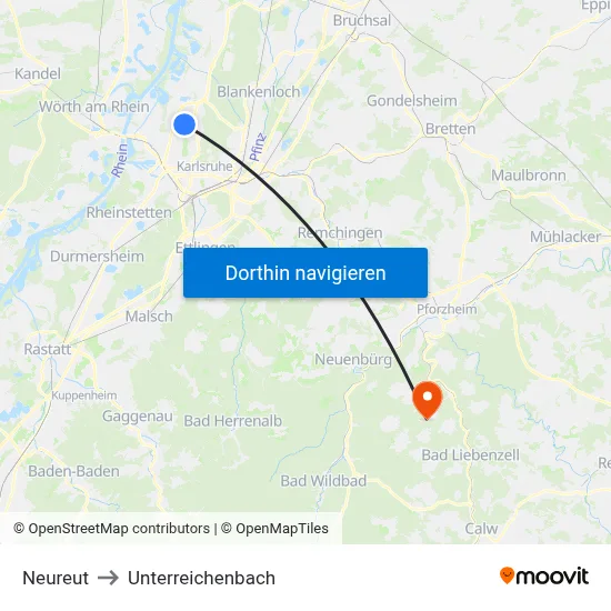 Neureut to Unterreichenbach map