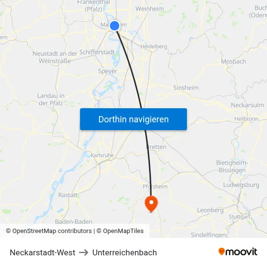 Neckarstadt-West to Unterreichenbach map