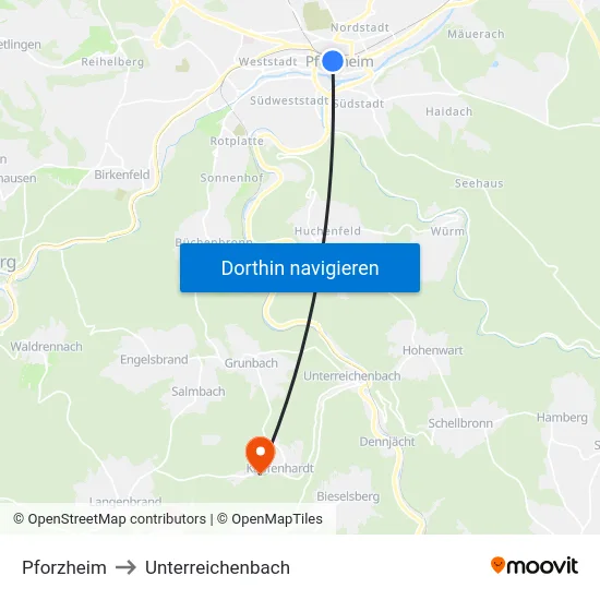 Pforzheim to Unterreichenbach map
