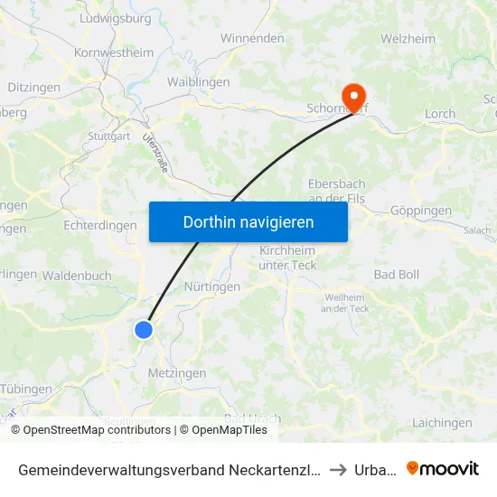 Gemeindeverwaltungsverband Neckartenzlingen to Urbach map