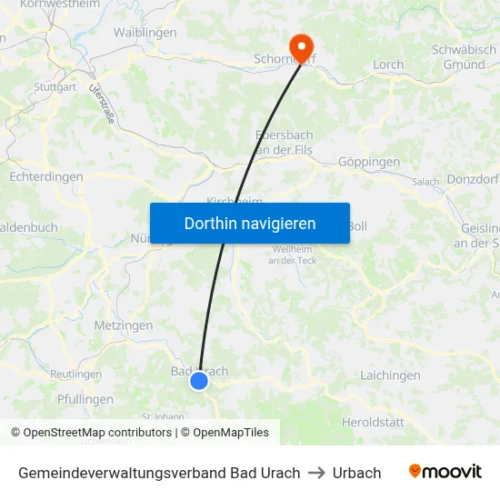 Gemeindeverwaltungsverband Bad Urach to Urbach map