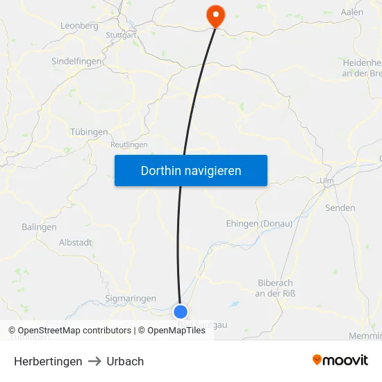 Herbertingen to Urbach map