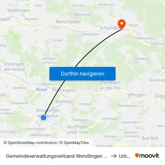 Gemeindeverwaltungsverband Wendlingen am Neckar to Urbach map