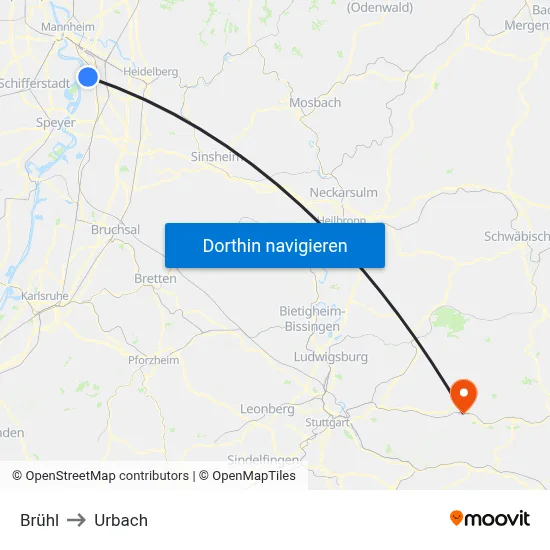 Brühl to Urbach map