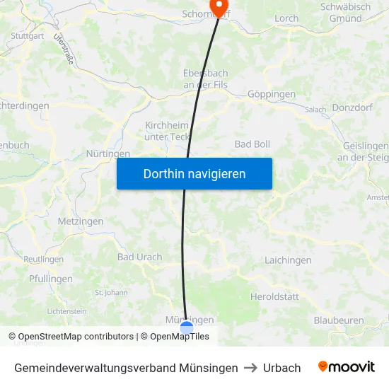 Gemeindeverwaltungsverband Münsingen to Urbach map