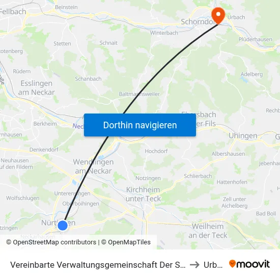 Vereinbarte Verwaltungsgemeinschaft Der Stadt Nürtingen to Urbach map