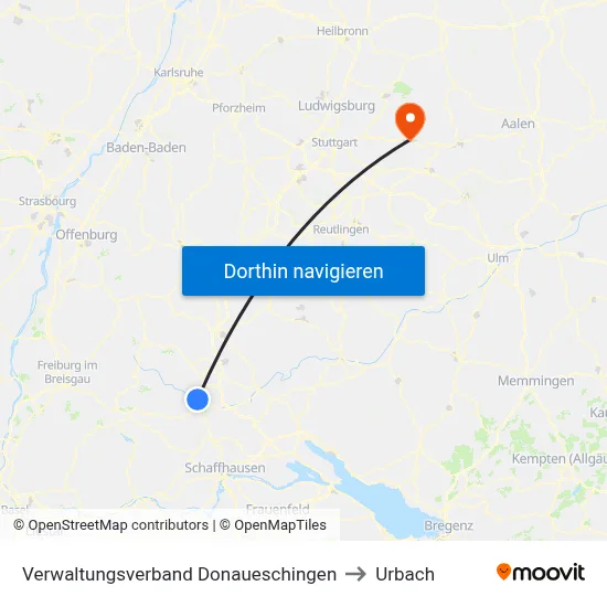 Verwaltungsverband Donaueschingen to Urbach map
