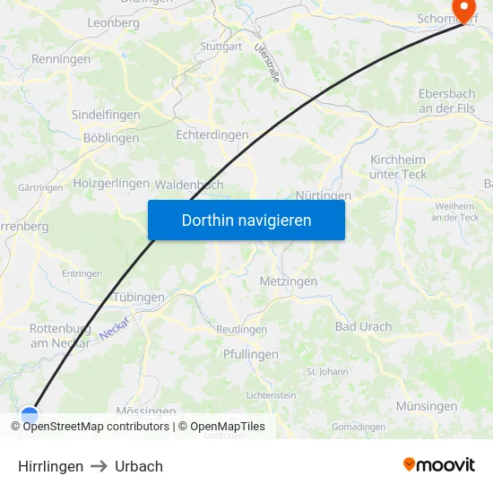 Hirrlingen to Urbach map