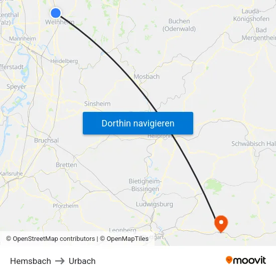 Hemsbach to Urbach map